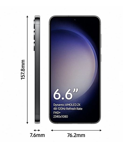 Side view and dimensions of Samsung Galaxy S23