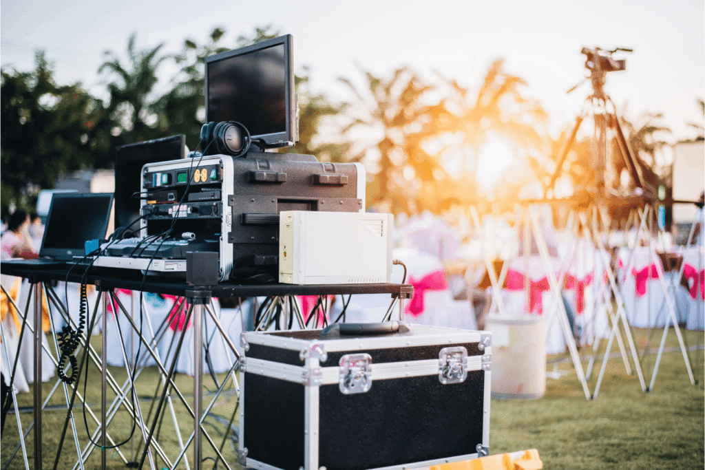 Professional audio-visual equipment setup for an outdoor corporate event