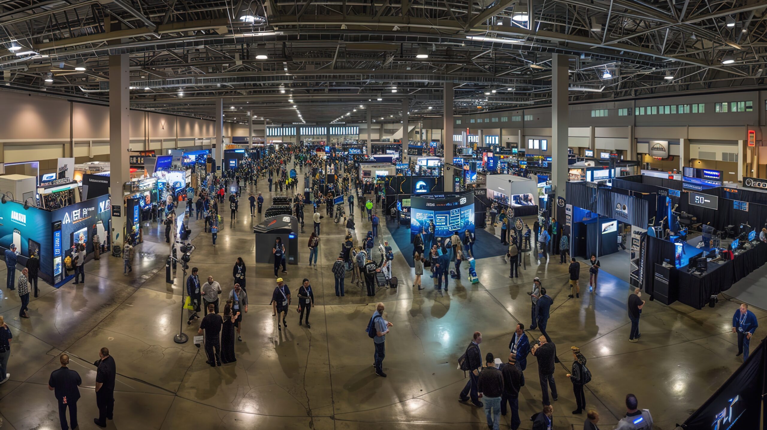 Overhead view of a busy exhibition hall with technology stands and attendees